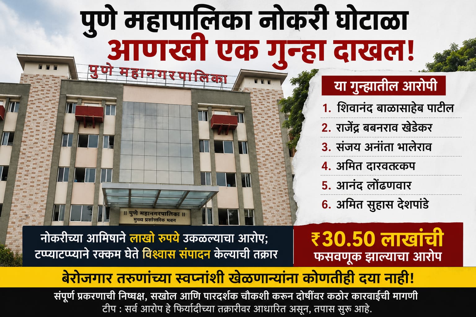 पुणे महापालिकेतील नोकरीच्या आमिषाने ३०.५० लाखांची फसवणूक पुणे महापालिकेतील नोकरीच्या आमिषाने ३०.५० लाखांची फसवणूक